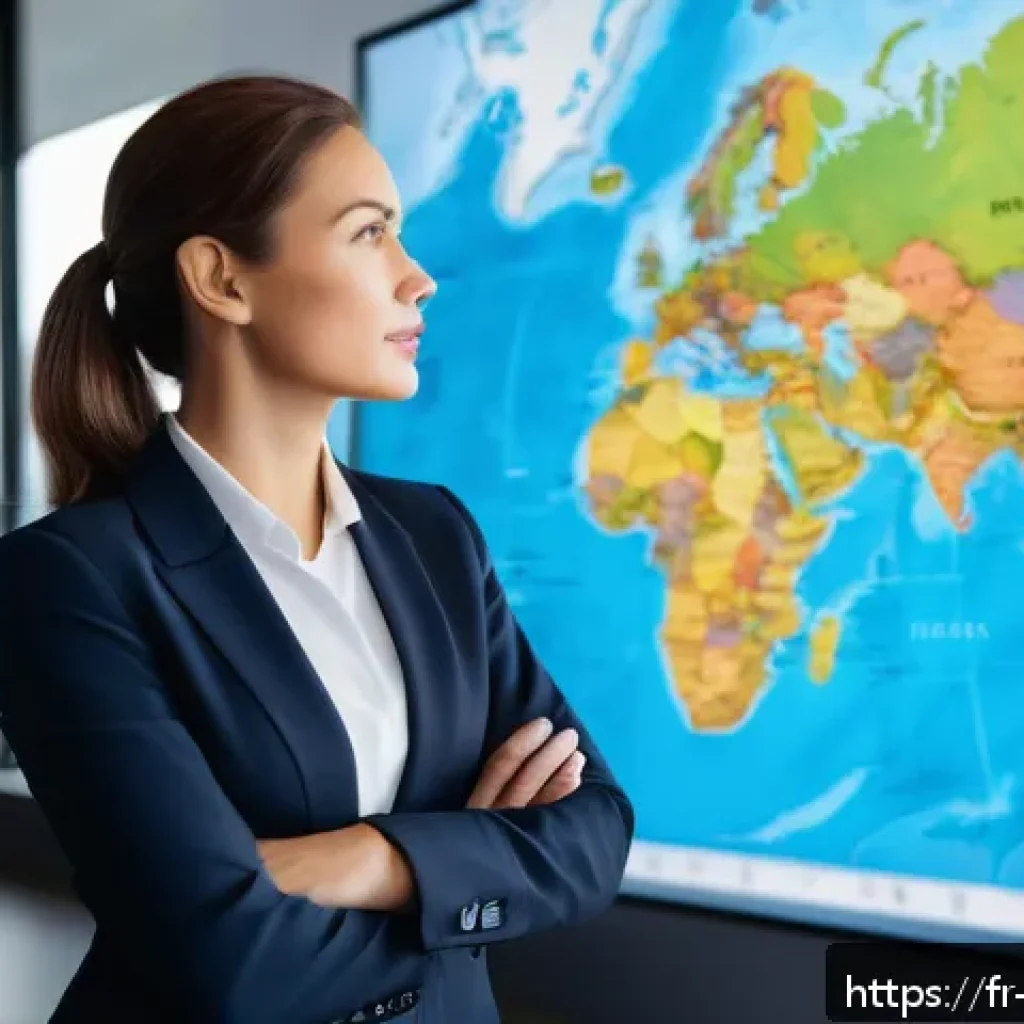 무역영어 자격증의 실질적 가치와 활용성 - A professional businesswoman in a modern office setting, confidently analyzing international trade c...
