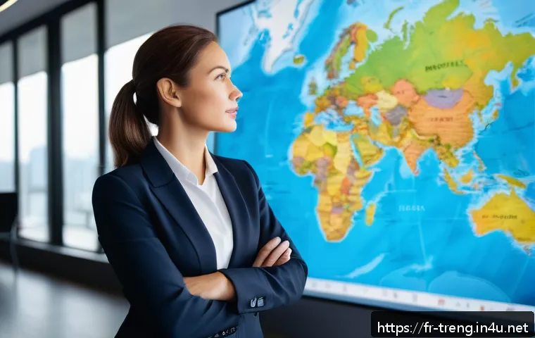 무역영어 자격증의 실질적 가치와 활용성 - A professional businesswoman in a modern office setting, confidently analyzing international trade c...