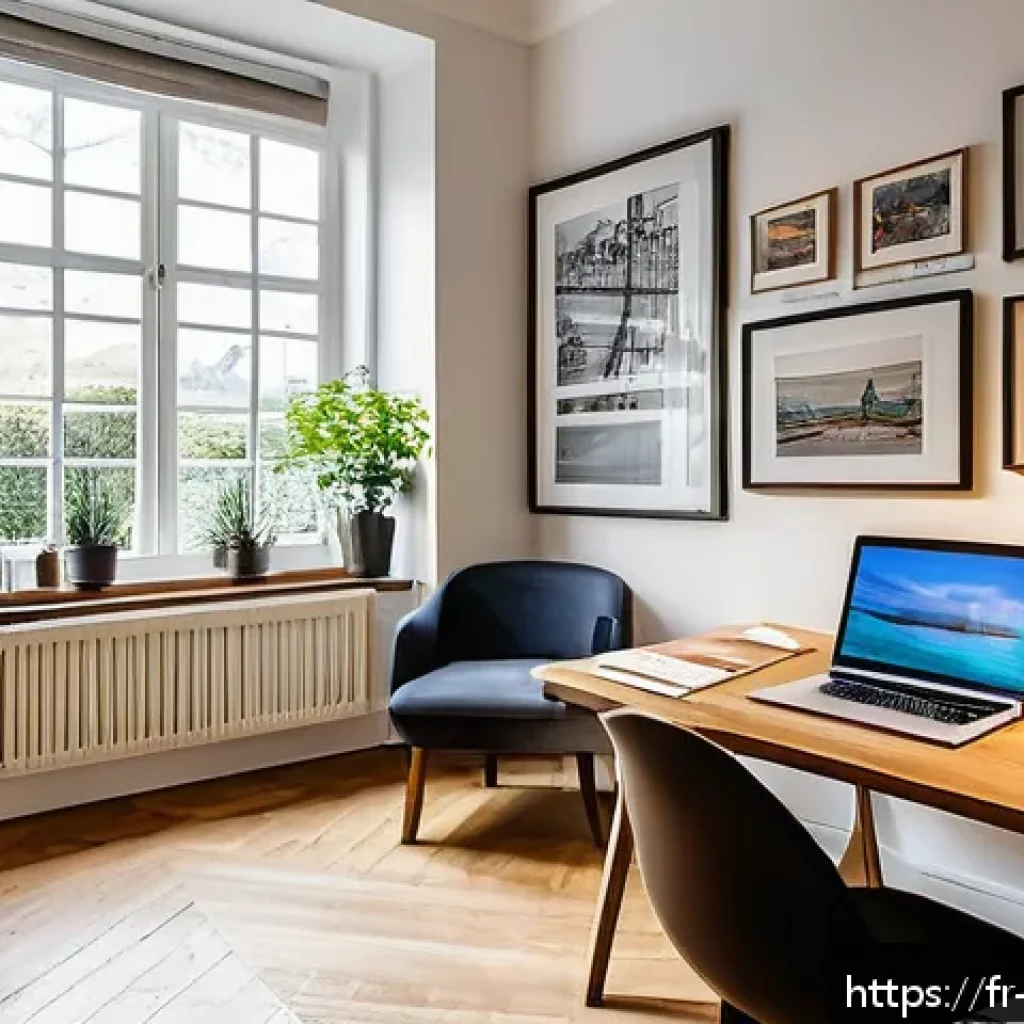 무역영어 학습에서 중요한 동기 유발 방법 - A bright, modern home office designed for productive study of business English, featuring a tidy woo...
