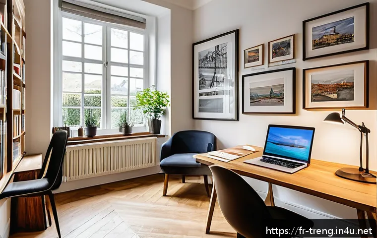 무역영어 학습에서 중요한 동기 유발 방법 - A bright, modern home office designed for productive study of business English, featuring a tidy woo...