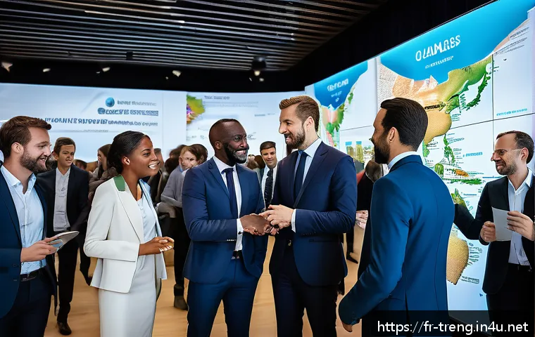 무역영어 자격증으로 가능성 확장한 사례 - A diverse group of young international business professionals in formal attire, engaged in a dynamic...