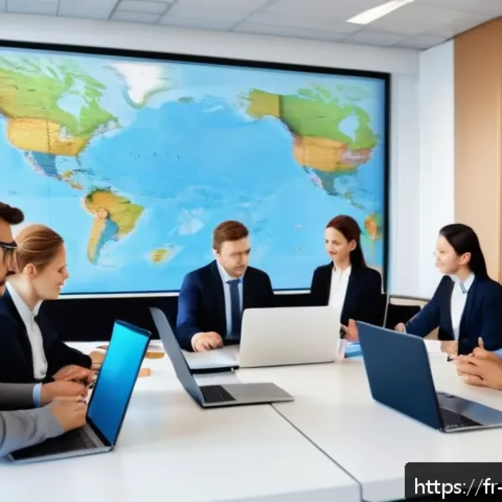 무역영어 시험 대비 주요 학습 전략과 활용 사례 - A modern, bright office scene showing a diverse group of young professionals engaged in an internati...