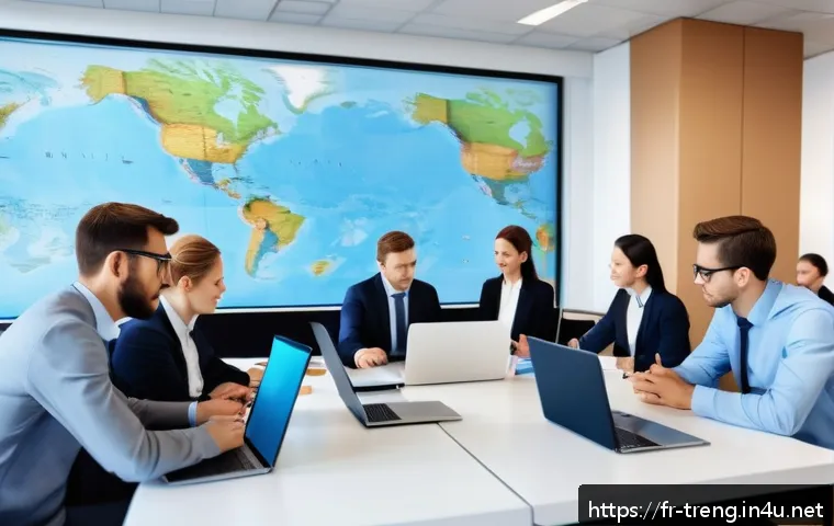 무역영어 시험 대비 주요 학습 전략과 활용 사례 - A modern, bright office scene showing a diverse group of young professionals engaged in an internati...