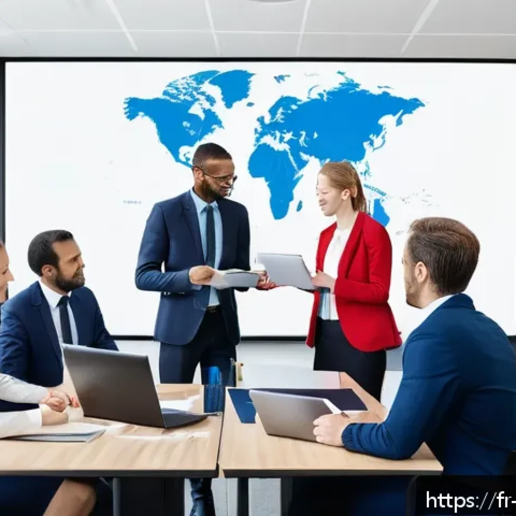 무역영어 자격증으로 국제 커리어 구축 - A modern professional office scene showing a diverse group of businesspeople engaged in an internati...