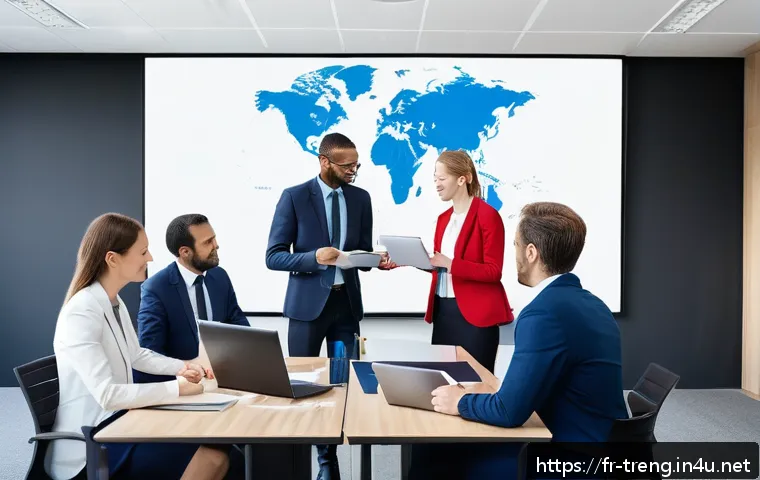 무역영어 자격증으로 국제 커리어 구축 - A modern professional office scene showing a diverse group of businesspeople engaged in an internati...