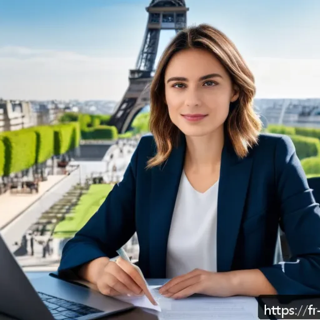 무역영어 실기시험 대비 자료 활용법과 사례 연구 - A professional office setting showing a young French businesswoman in smart casual attire sitting at...