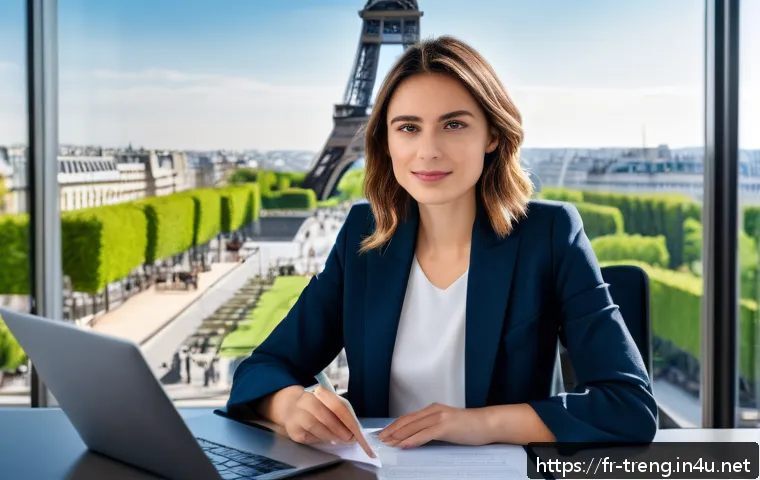무역영어 실기시험 대비 자료 활용법과 사례 연구 - A professional office setting showing a young French businesswoman in smart casual attire sitting at...
