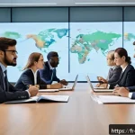 무역영어와 비즈니스 영어의 차이점 - A professional international business meeting scene set in a modern conference room with diverse par...