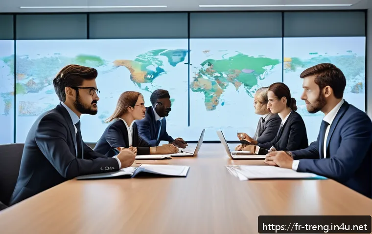 무역영어와 비즈니스 영어의 차이점 - A professional international business meeting scene set in a modern conference room with diverse par...