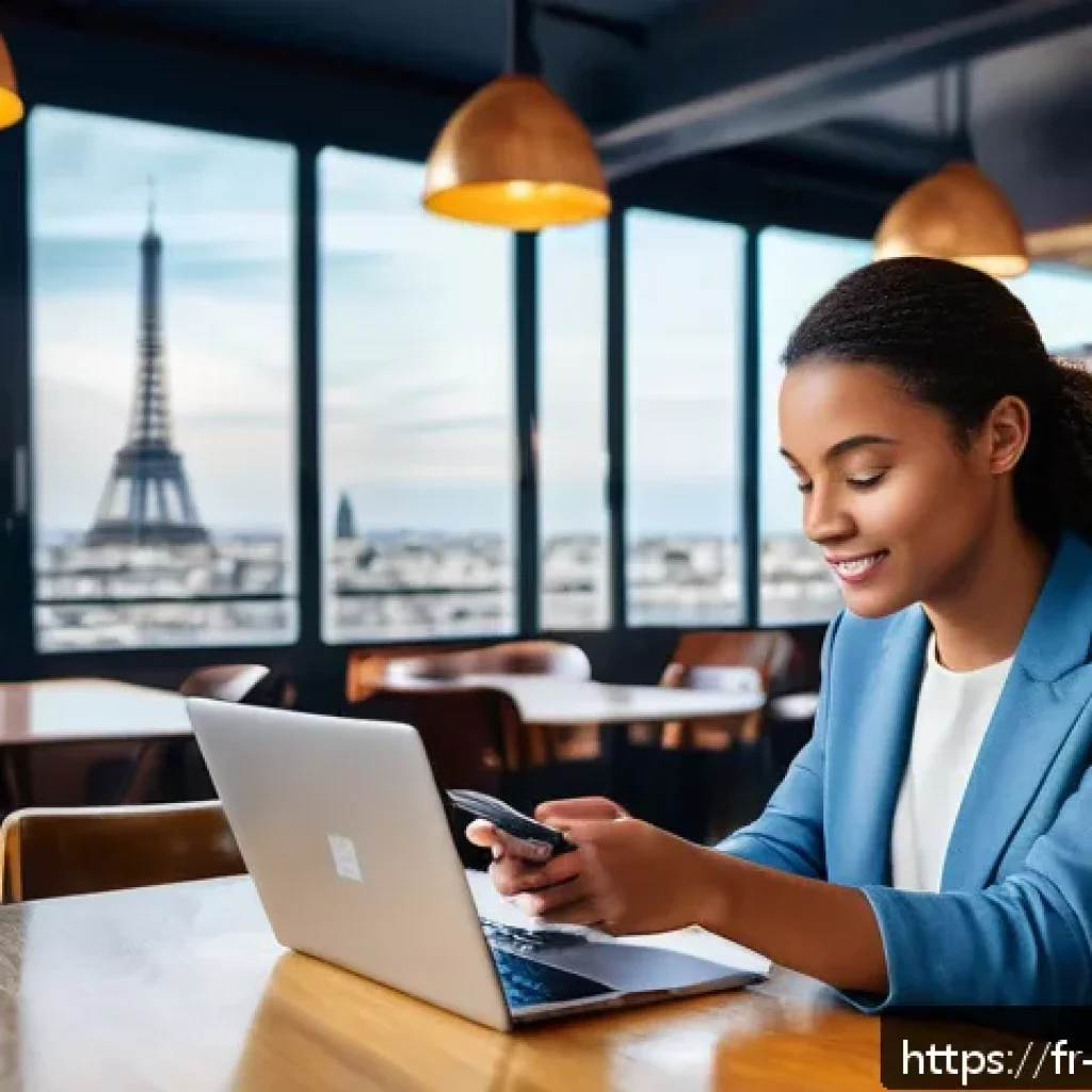 무역영어 학습 자료 제작과 효율적 활용 사례 연구 - A modern digital learning environment featuring a young French professional woman using a smartphone...
