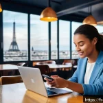 무역영어 학습 자료 제작과 효율적 활용 사례 연구 - A modern digital learning environment featuring a young French professional woman using a smartphone...