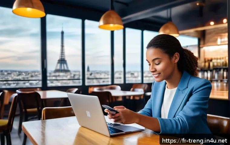무역영어 학습 자료 제작과 효율적 활용 사례 연구 - A modern digital learning environment featuring a young French professional woman using a smartphone...