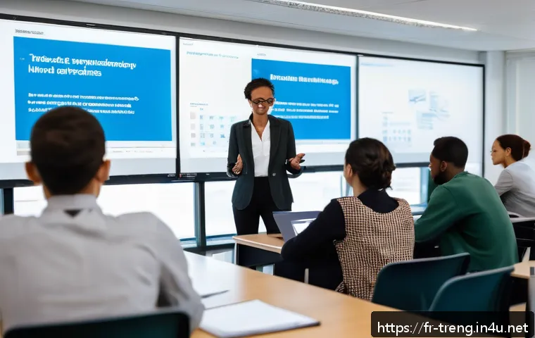 무역영어 실기시험 대비 자료의 체계적 활용 - A modern business classroom scene focused on international trade vocabulary learning: a diverse grou...