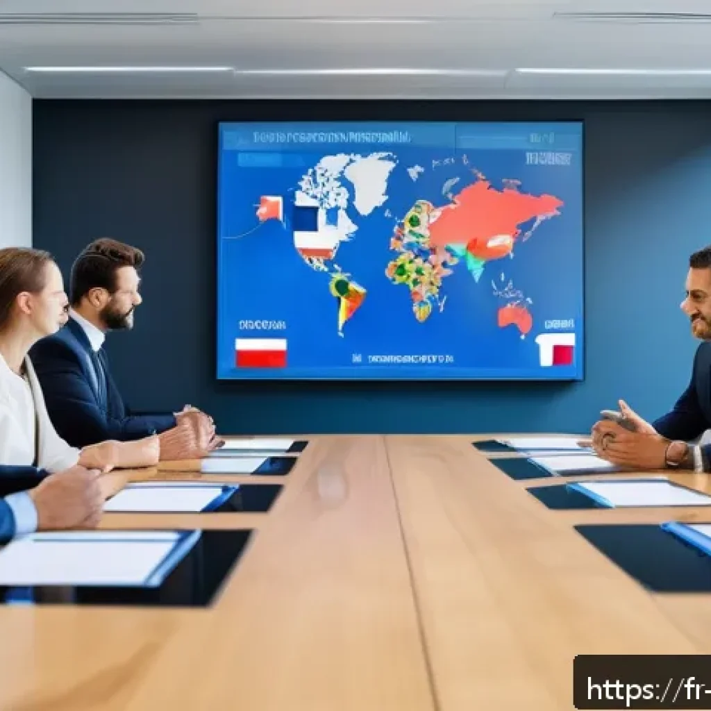 무역영어 자격증과 국제 취업 사례 공유 - A professional international business meeting scene in a modern French office, featuring diverse bus...