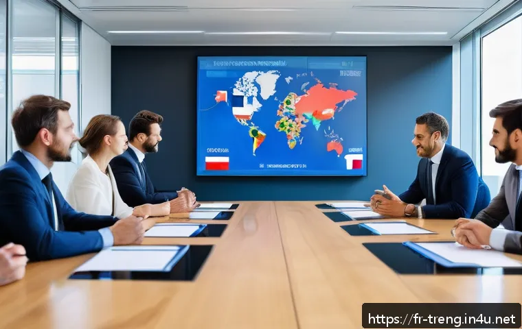 무역영어 자격증과 국제 취업 사례 공유 - A professional international business meeting scene in a modern French office, featuring diverse bus...