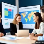 무역영어를 배우는 대학생을 위한 조언 - A modern, professional office setting focused on international business communication: a diverse gro...