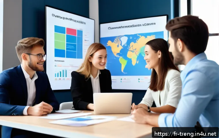 무역영어를 배우는 대학생을 위한 조언 - A modern, professional office setting focused on international business communication: a diverse gro...