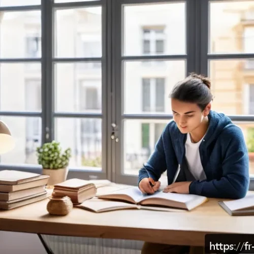 무역영어 시험 준비 기간 계획하기 - A focused young adult studying in a bright, modern French apartment during late morning, surrounded ...