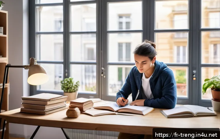 무역영어 시험 준비 기간 계획하기 - A focused young adult studying in a bright, modern French apartment during late morning, surrounded ...