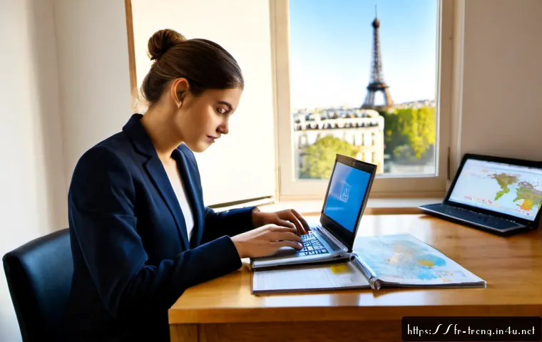 무역영어 학습의 장단점 분석 - Photorealistic French business student studying international trade English at a bright Paris apartm...