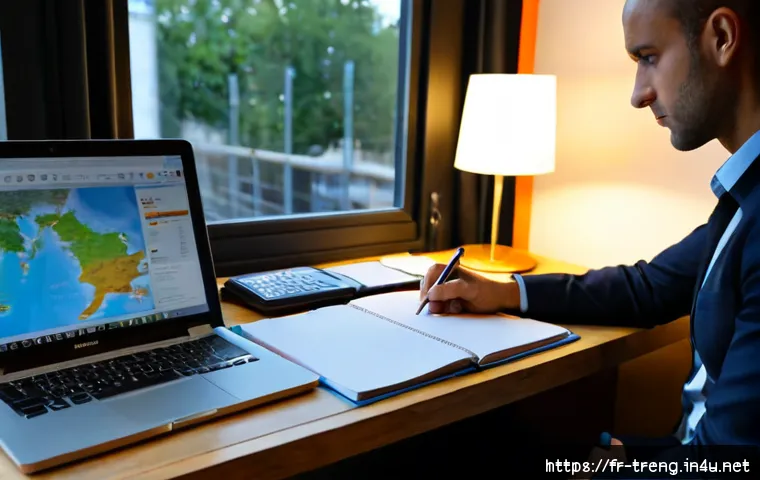 무역영어를 공부하는 직장인 팁 - Photorealistic French office worker studying international trade English after work at a tidy home d...