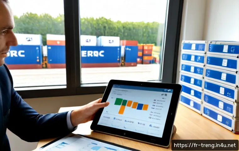 무역영어와 관련된 최신 트렌드 - Photorealistic modern trade operations desk in Paris, a French logistics professional reviewing a ta...