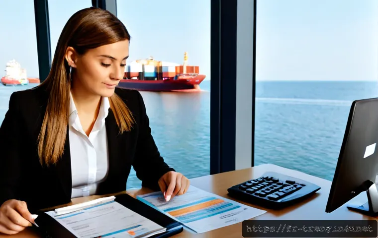 Home 17 무역영어 업무에서 사용하는 필수 표현 - Photorealistic French import-export office scene, a professional businesswoman reviewing a shipment ...