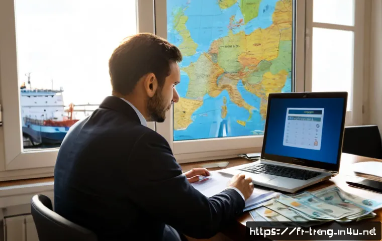 Home 30 무역영어를 배우면 좋은 이유 - Photorealistic bright European export office in Paris, a confident French professional reviewing shi...